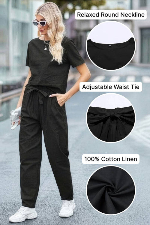 Black 100% cotton linen set with relaxed round neckline and adjustable waist tie for comfortable fit