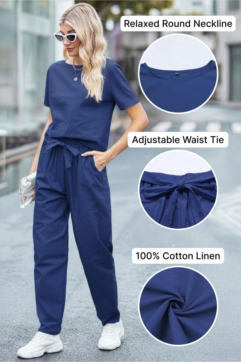 Woman wearing navy blue 100% cotton linen set with relaxed round neckline top and adjustable waist tie pants.