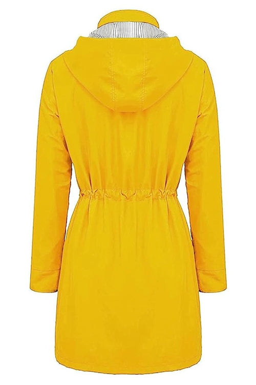 Back view of yellow water resistant hooded striped windbreaker rain jacket for women with adjustable waist cinch.