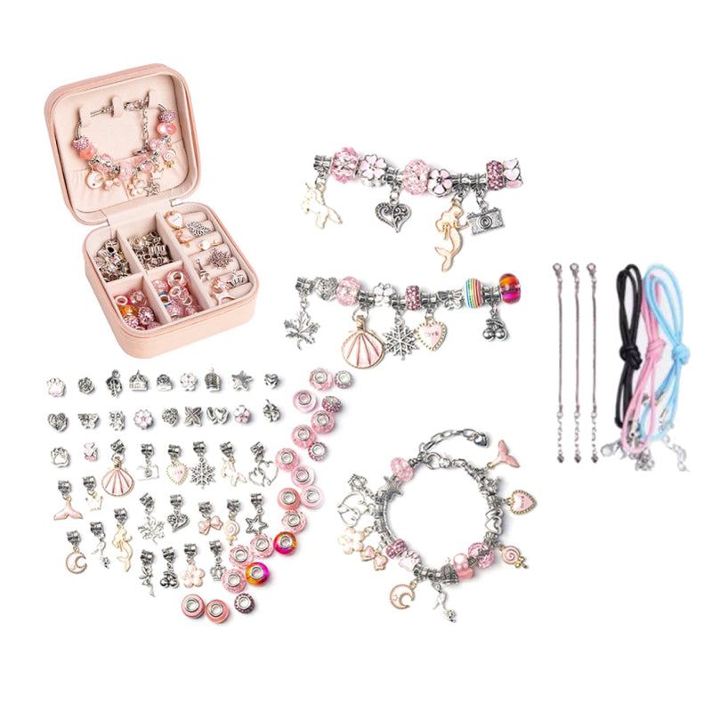 Kids bracelet-making kit with charms, beads, chains, and storage box for creative DIY jewelry crafting.