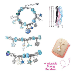 Kids bracelet-making kit with blue themed charms, metal spacer beads, snake chains, colorful cords, and an adorable bunny pendant gift set