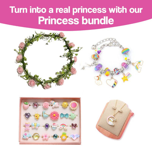 Princess bundle with floral crown, charm bracelet, colorful rings set, and pendant necklace for kids bracelet-making kit