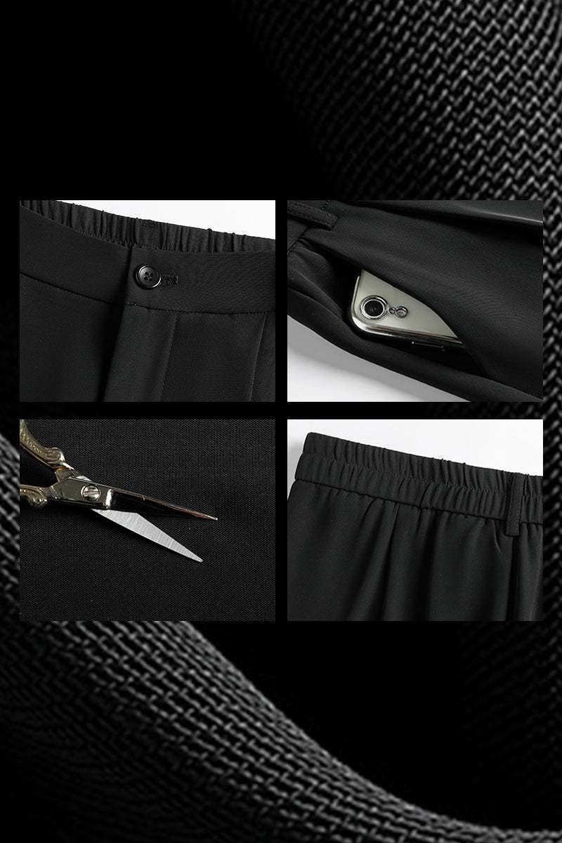 Casual loose wide-leg high-waisted black pants with button, pocket, elastic waistband, and breathable polyester fabric.