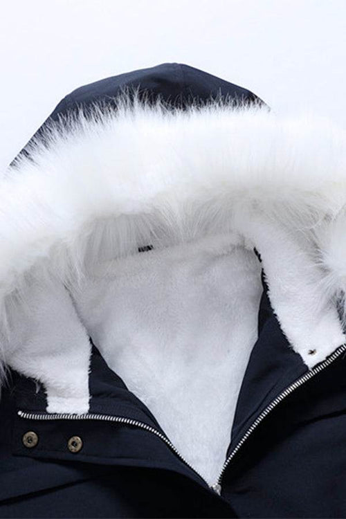 Thick long-sleeve zipper overcoat with white fur-lined hood and soft inner lining