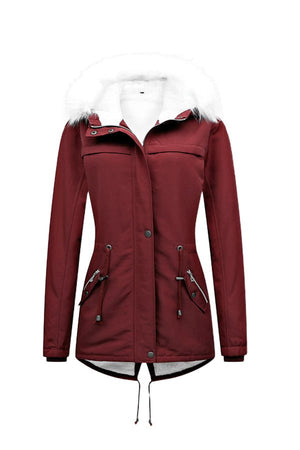Thick long-sleeve zipper overcoat in red with white fur-lined hood, stylish and warm winter jacket