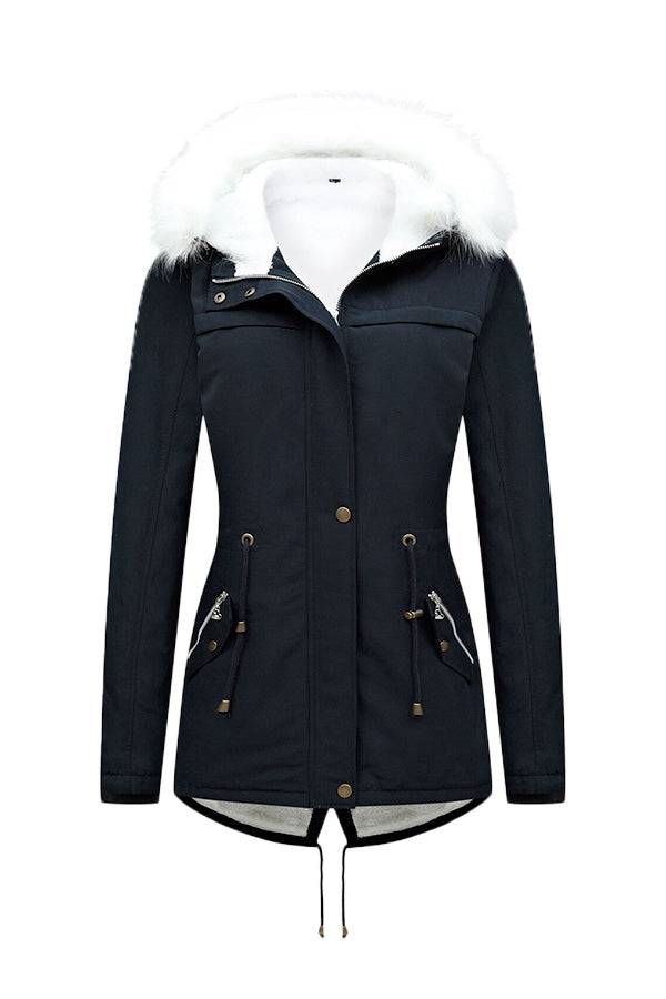 Thick long-sleeve zipper overcoat with fur-lined hood in black, lightweight and warm winter jacket for women