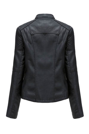 Back view of slim fit leather motorcycle jacket in black with quilted shoulder details