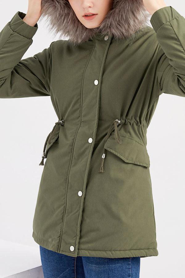Olive green Fur Collar Fleece Coat with hood and adjustable waist, featuring warm fleece lining and button details.