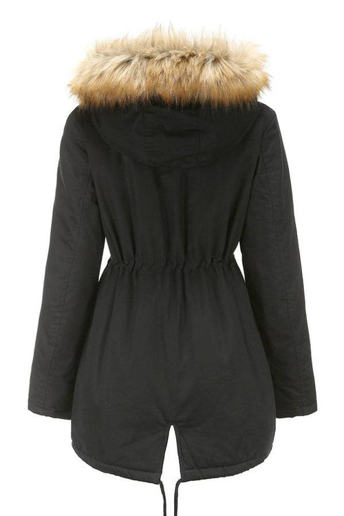 black large hooded velvet coat with fur trim on hood designed for warmth and style