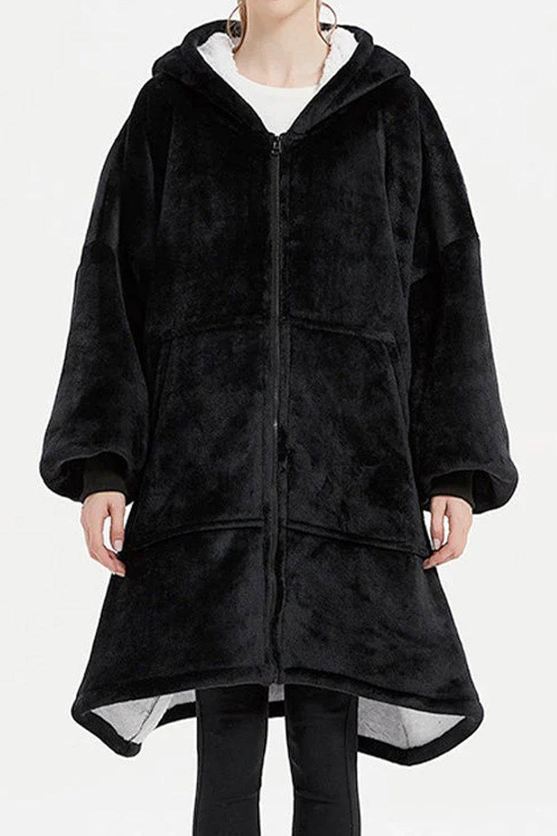 Oversized ultra soft hooded blanket with zipper and front pockets in black flannel sherpa material