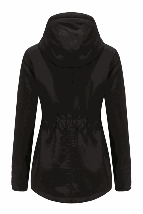 Back view of black casual hooded velvet coat with adjustable waist rope and windproof hood