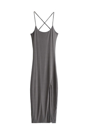 Gray elegant side slit midi dress with suspender straps and flattering silhouette