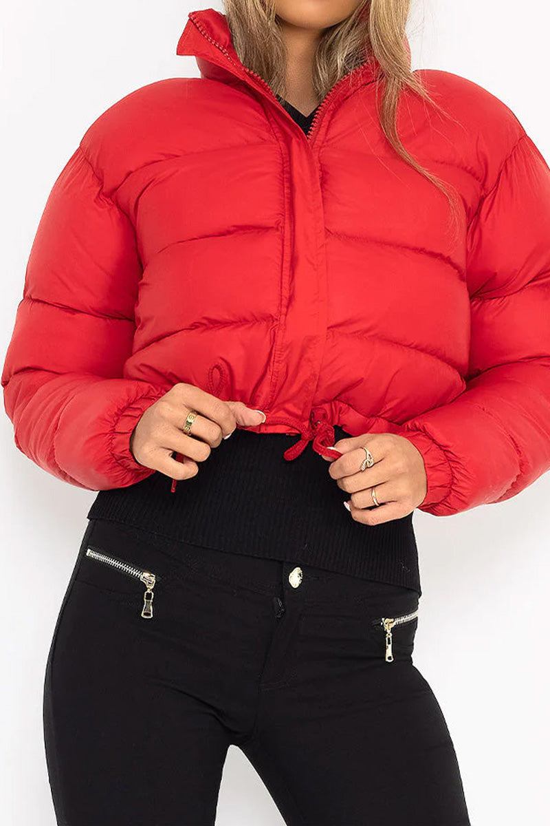 Red cropped puffer jacket with full zipper, stand-up collar, and drawstring hem for warmth and style