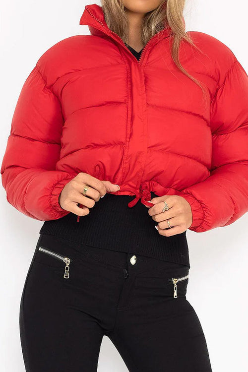 Red cropped puffer jacket with full zipper, stand-up collar, and drawstring hem for warmth and style