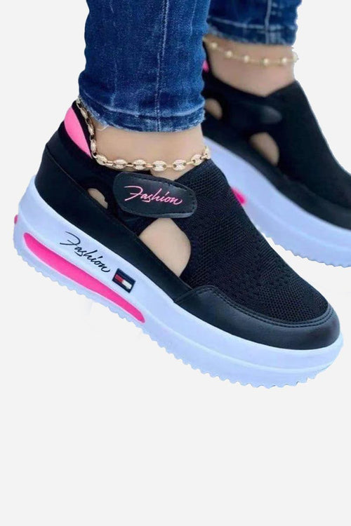 Black breathable wedge sneakers for women with velcro closure and non-slip sole