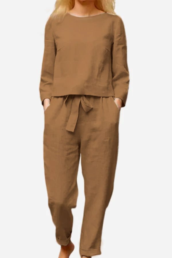 Retro monochrome linen two-piece set with long sleeves and relaxed fit pants in brown breathable fabric
