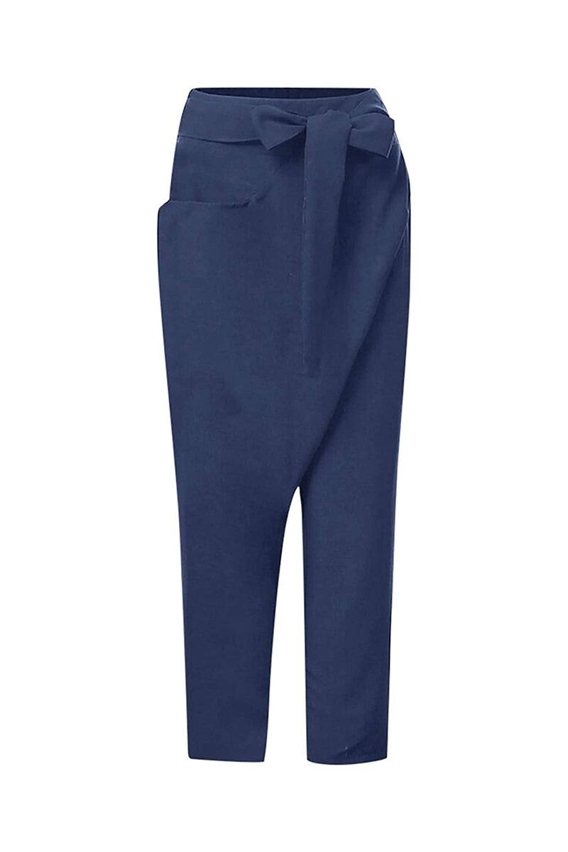 Navy blue high-waist wrapped pants with a side pocket and lace belt detail for a comfortable, stylish look
