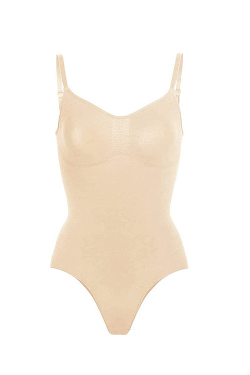 Beige seamless TummyToning Bodysuit with adjustable straps for tummy control and chest lift