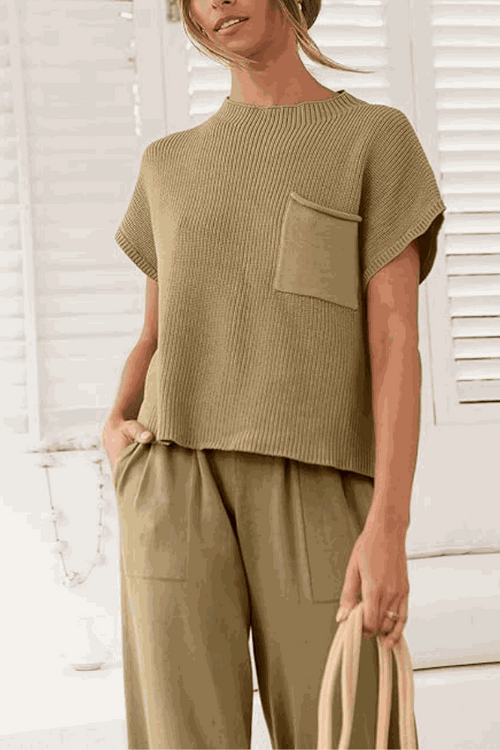 Comfy Couture Knit Sweater two-piece set with knit pullover and high-waisted pants in beige for casual elegance and comfort