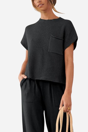 Comfy Couture Knit Sweater two-piece set in black with knit pullover and high-waisted pants for stylish comfort