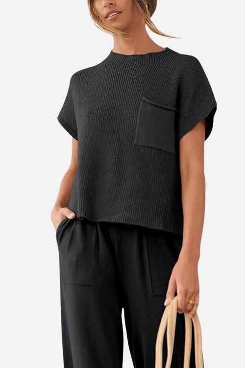 Comfy Couture Knit Sweater two-piece set in black with knit pullover and high-waisted pants for stylish comfort