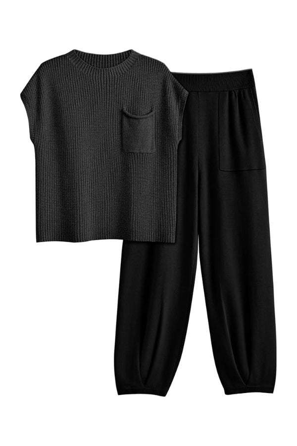 Black Comfy Couture Knit Sweater two-piece set with knit pullover top and high-waisted pants