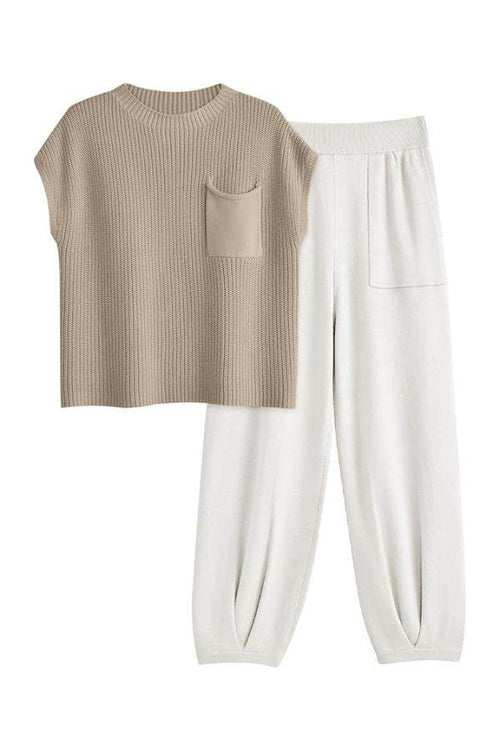 Comfy Couture Knit Sweater two-piece set with beige knit pullover and white high-waisted pants for cozy, stylish wear