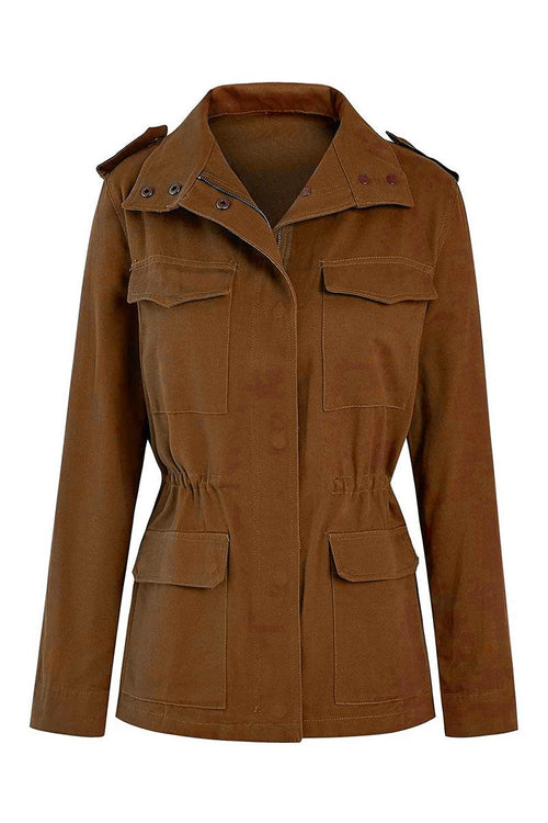 Brown Fashion Cargo Utility Jacket with multiple pockets and adjustable drawstring waist for a trendy utility-chic look