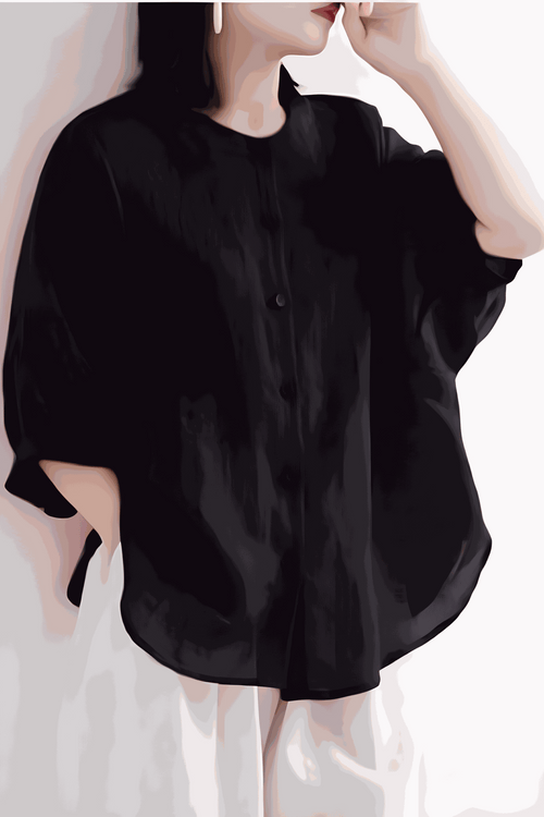 Relaxed loose breathable black linen blouse with button-down front and wide sleeves for comfortable summer wear