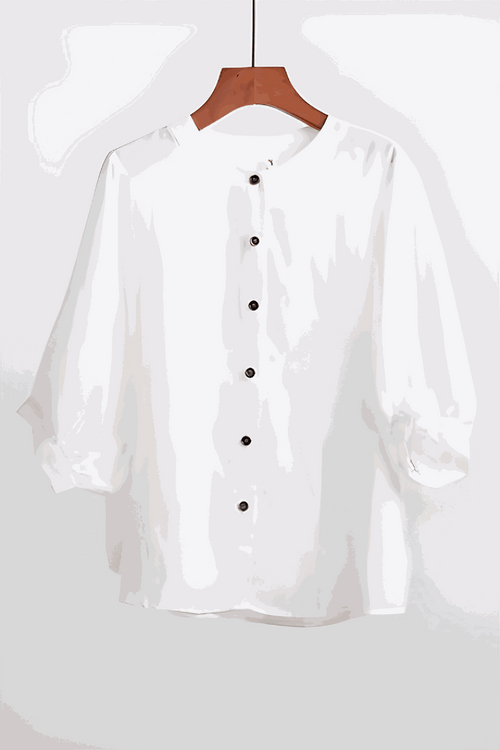 Relaxed loose breathable white linen blouse with button-down front on wooden hanger