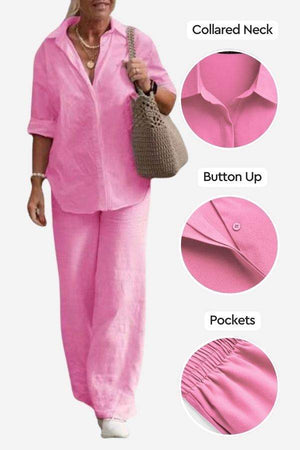 Woman wearing pink relaxed shirt and trousers two-piece set with collared neck, button-up front, and elastic waist pockets