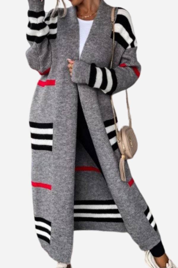 Cozy striped long knitted cardigan with oversized fit and soft fabric for warmth and style