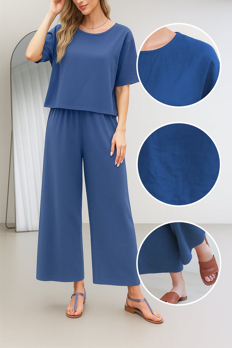 Blue loose fit co-ord set with relaxed short sleeve top and wide-leg pants perfect for casual wear