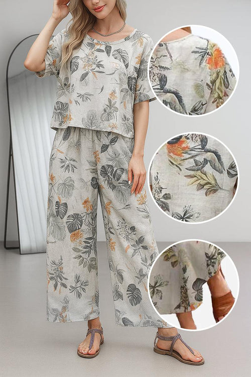 Floral print loose fit co-ord set with wide-leg pants and short-sleeve top in breathable linen-cotton blend