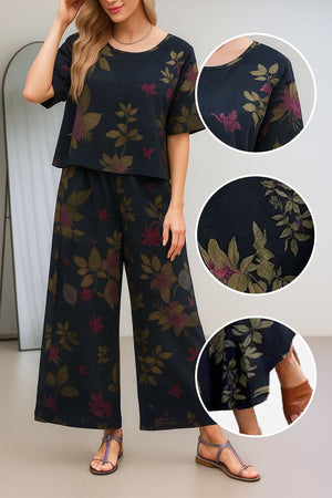 Women's loose fit co-ord set with floral print, soft-tailored top, and wide-leg bottoms in breathable fabric