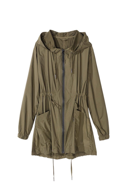 Travel Ready Outdoor Raincoat windbreaker with hood and front zipper in olive green, compact and waterproof with elastic waist and large pockets.