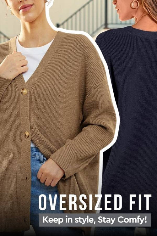 Relaxed fit oversized button down knitwear cardigan in beige and navy colors, styled for casual comfort and warmth.