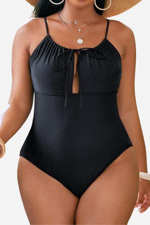 Curvy Comfort Plus Size black ruched one-piece swimsuit with supportive bust and adjustable straps