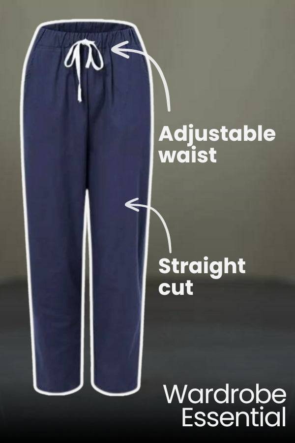 Navy relaxed fit straight pants with adjustable waist and straight cut, wardrobe essential.