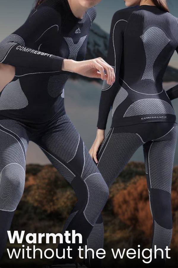 AeroTherm Breathable Warmth lightweight thermal insulation set for women, seamless black and grey fitted activewear for warmth without bulk outdoors