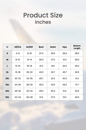 Size chart for short-sleeved v-neck top and wide trouser suit in inches, showing bust, waist, hips, and bottom length measurements for sizes S to 5XL.