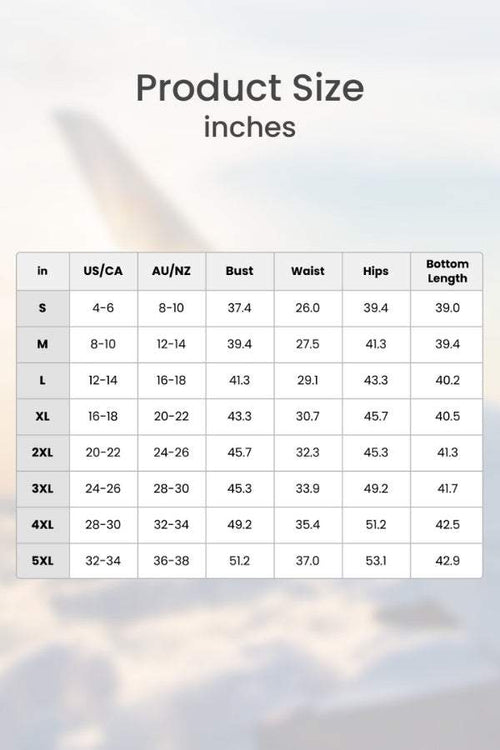 Size chart for short-sleeved v-neck top and wide trouser suit in inches, showing bust, waist, hips, and bottom length measurements for sizes S to 5XL.