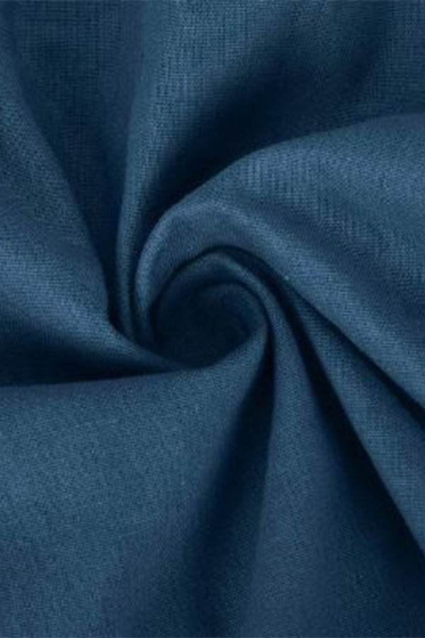 Blue cotton fabric close-up for short-sleeved V-neck top and wide trouser suit