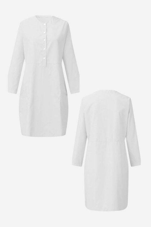 White cotton dress with half-button front, long sleeves, and knee-length design shown from front and back.