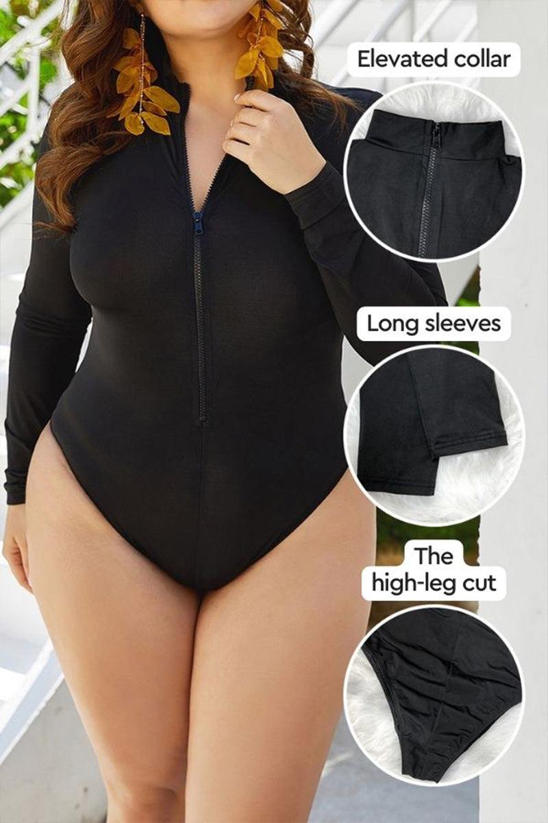 Black zip front long sleeve one-piece swimsuit with elevated collar and high-leg cut for enhanced coverage and confidence