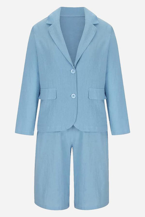 Light blue blazer and high-waisted shorts two-piece set for women