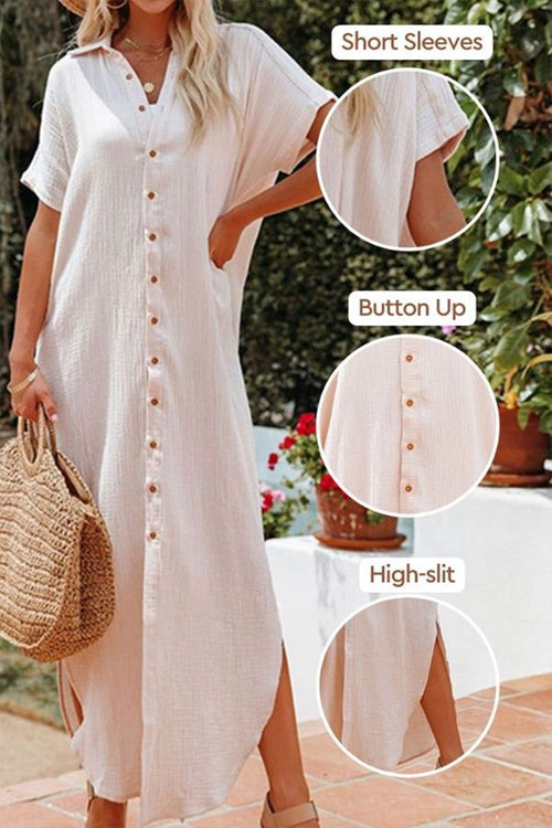 Full-length button-down beach cover-up dress with short sleeves, high slit, and button-up front in light breathable fabric.
