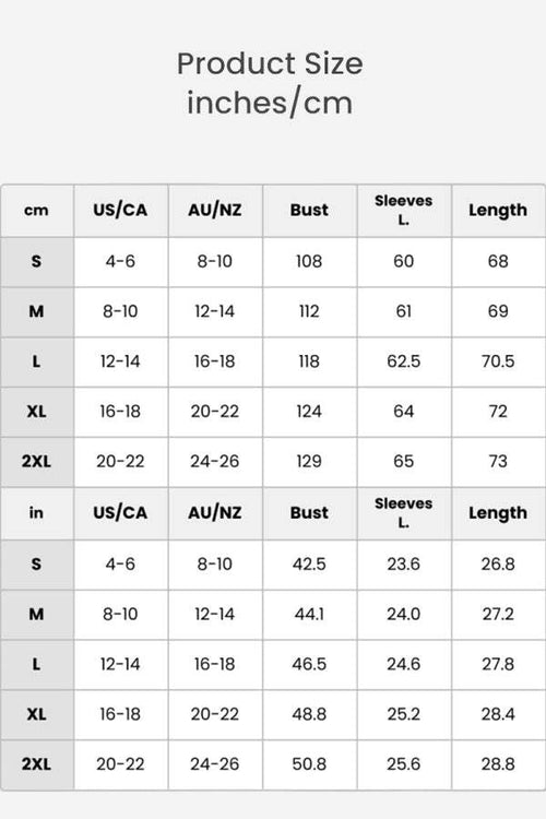 size chart for outdoor hooded raincoat in centimeters and inches with bust, sleeve length, and total length measurements for sizes S to 2XL