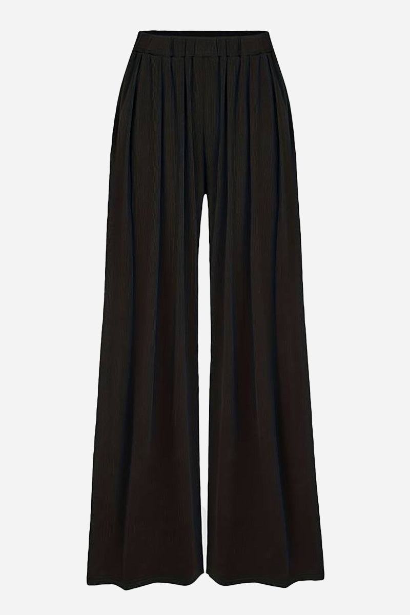 Black stretchy wide-leg pants with elastic waistband for all-day comfort and a sleek silhouette