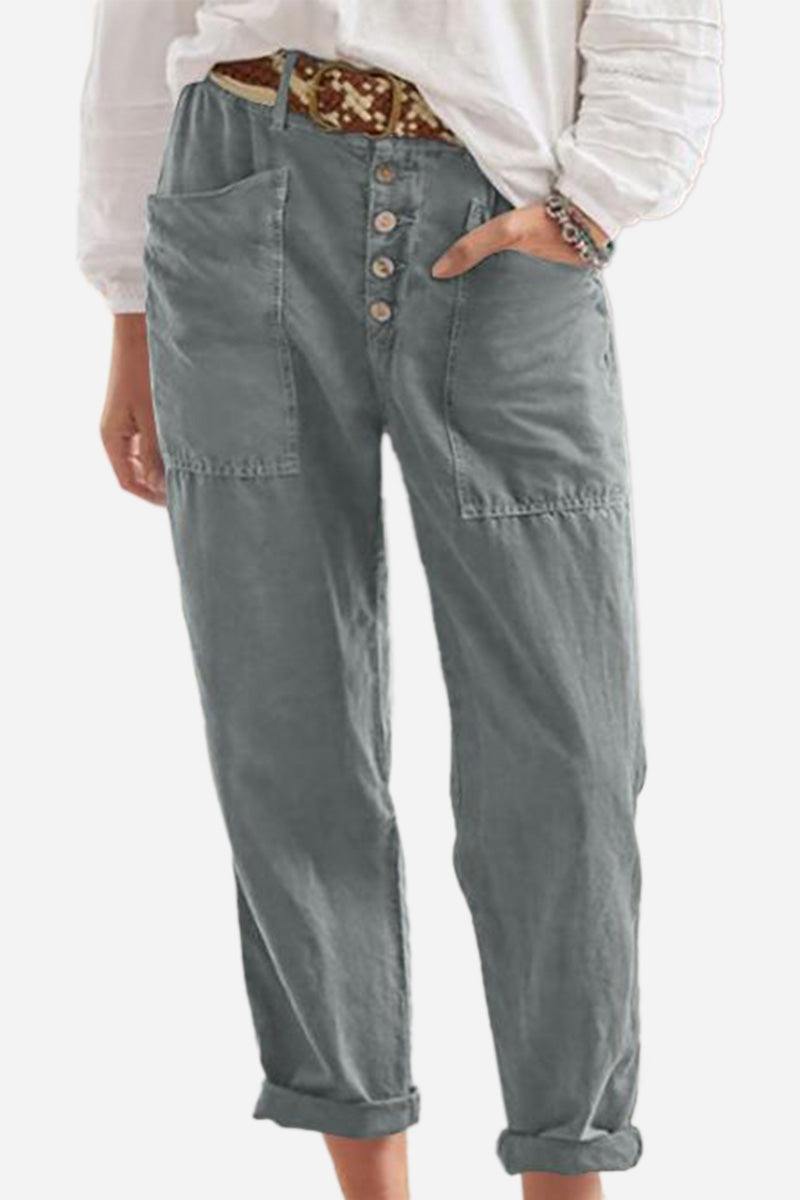 Casual button-down utility-chic trousers with deep pockets and rolled cuffs in soft durable fabric